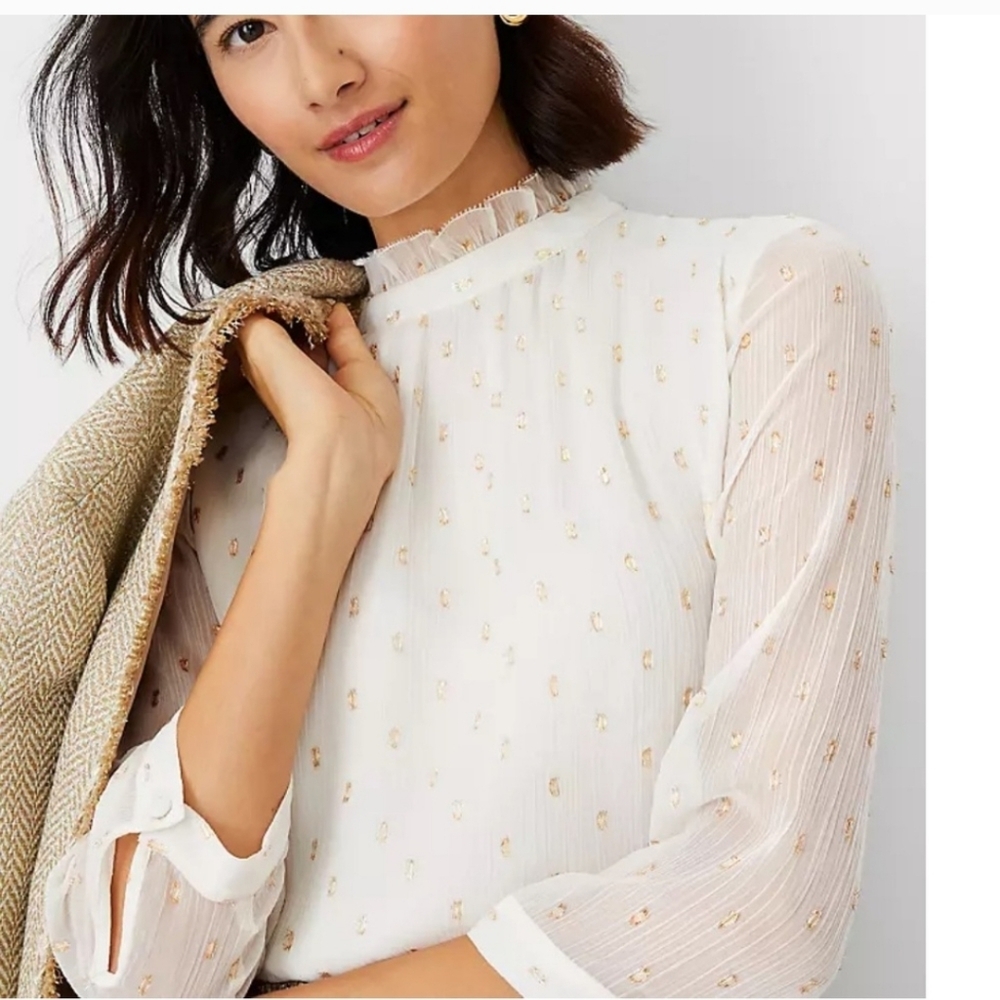 Ann Taylor Cream Sheer Blouse with Gold Accents